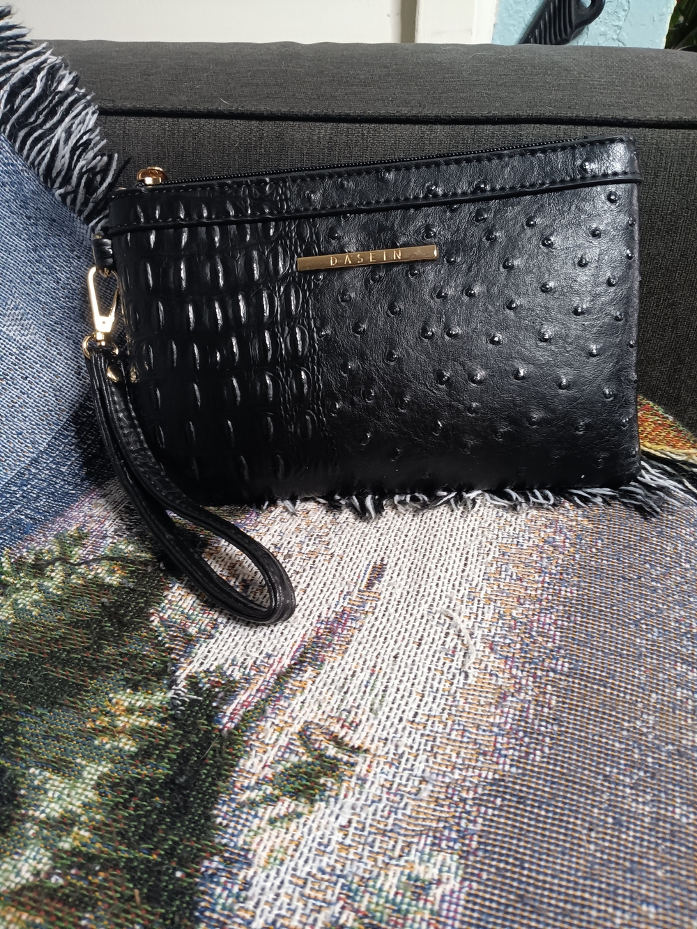Black Textured Wristlet Clutch